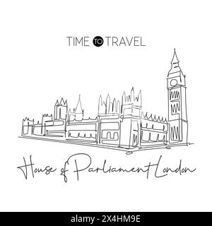 Single continuous line drawing house parliament London landmark. Famous place in England, United Kingdom. World travel home wall decor poster concept. Stock Vector