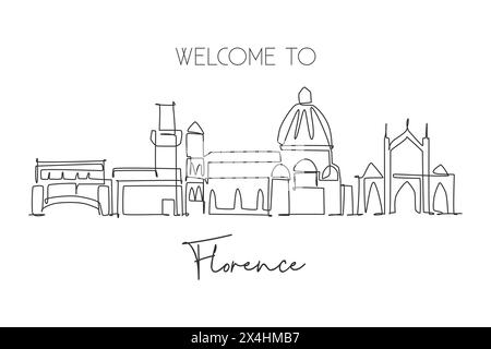 One single line drawing of Florence city skyline, Italy. Historical skyscraper landscape in world. Best holiday destination wall decor poster. Trendy Stock Vector