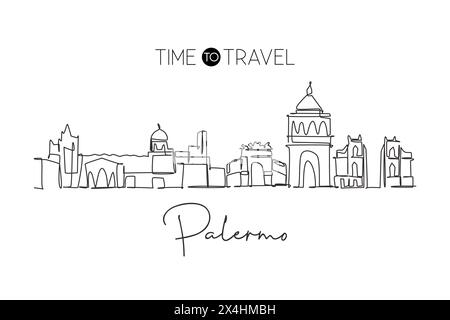 One single line drawing Palermo city skyline, Italy. Historical skyscraper landscape in world. Best holiday destination home wall decor poster. Trendy Stock Vector