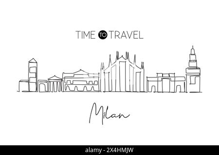 One continuous line drawing of Milan city skyline, Italy. Beautiful skyscraper. World landscape tourism travel vacation wall decor poster concept. Sty Stock Vector