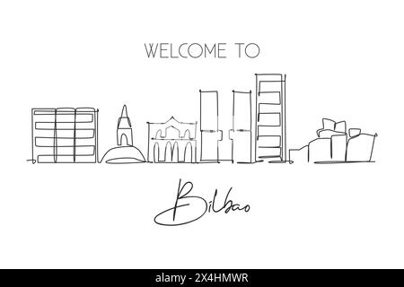 Single continuous line drawing of Bilbao city skyline, France. Famous skyscraper landscape postcard. World travel home wall decor poster print concept Stock Vector