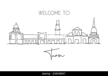 One continuous line drawing of Turin city skyline, Italy. Beautiful skyscraper. World landscape tourism travel vacation concept wall decor poster. Sty Stock Vector