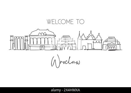One continuous line drawing of Wroclaw city skyline Poland. Beautiful skyscraper. World landscape tourism travel vacation wall decor poster concept. S Stock Vector