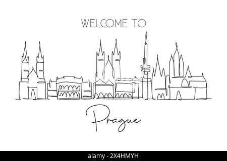 One continuous line drawing of Prague city skyline, Czech Republic. Beautiful landmark. World landscape tourism and travel vacation. Editable stylish Stock Vector