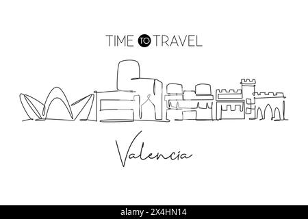 One continuous line drawing of Valencia city skyline Spain. Beautiful skyscraper postcard. World landscape tourism travel wall decor poster concept. S Stock Vector