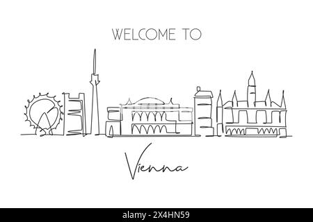 Single continuous line drawing of Vienna city skyline, Austria. Famous city scraper landscape. World travel home art wall decor poster print concept. Stock Vector