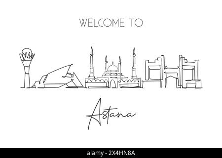 Single continuous line drawing of Nur Sultan, Astana city skyline, Kazakhstan. Famous city landscape. World travel concept home wall decor poster prin Stock Vector