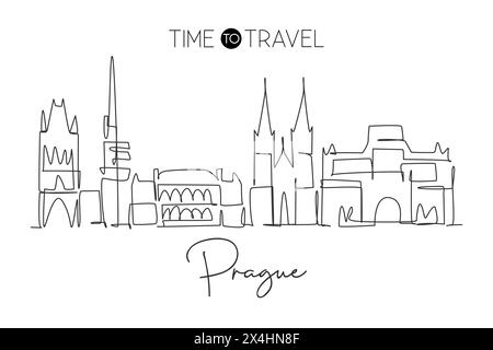 One single line drawing of Prague city skyline, Czech Republic. Historical town landscape in world. Best holiday destination wall decor poster. Trendy Stock Vector