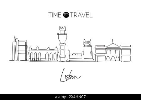 Single continuous line drawing of Lisbon city skyline, Portugal. Famous city scraper landscape. World travel home wall decor concept. Editable stroke Stock Vector