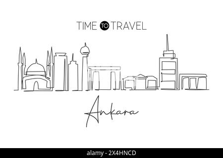 One single line drawing of Ankara city skyline, Turkey. Historical town landscape in the world. Best holiday destination. Editable stroke trendy conti Stock Vector