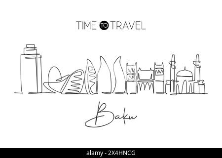 One continuous line drawing of Baku city skyline, Azerbaijan. Beautiful landmark. World landscape tourism travel vacation poster. Editable stylish str Stock Vector