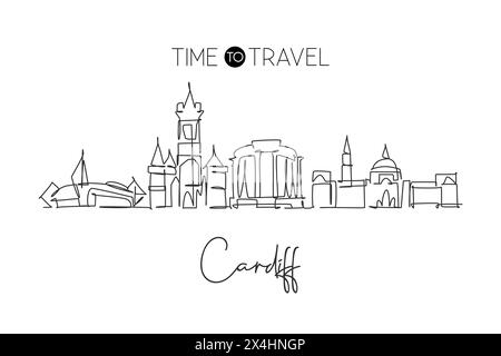 One single line drawing of Cardiff city skyline, Wales. Historical town landscape in the world. Best holiday destination poster. Editable stroke trend Stock Vector