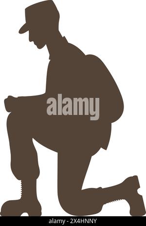Military soldier on one knee. Black drawing silhouette. Memorial Day. Vector illustration. Stock Vector