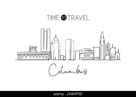 Single continuous line drawing of Columbus city skyline, USA. Famous city scraper and landscape. World travel concept home wall decor poster art print Stock Vector
