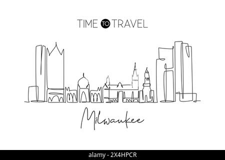 One continuous line drawing of Milwaukee city skyline, United States. Beautiful landmark. World landscape tourism and travel poster. Editable stylish Stock Vector