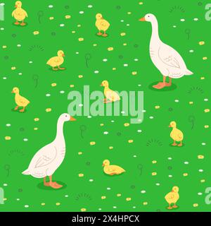 Mother goose with cute little goslings in green meadow. Seamless background pattern. Hand drawn cartoon baby goose in different poses playing in green Stock Vector