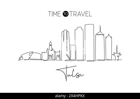 One continuous line drawing of Tulsa city skyline, Oklahoma. Beautiful landmark. World landscape tourism travel vacation poster art. Editable stylish Stock Vector