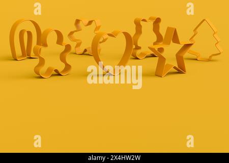 Set of metal cookie cutters for homemade Christmas biscuit on a yellow monochrome background. 3d render of making gingerbread cookies in the kitchen. Stock Photo