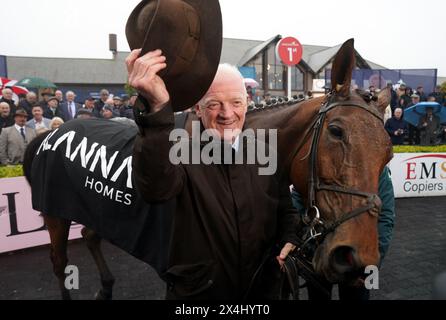 Trainer Willie Mullins with Ballyburn after winning the Alanna Homes Champion Novice Hurdle during day four of the Punchestown Festival at Punchestown Racecourse, County Kildare. Picture date: Friday May 3, 2024. Stock Photo