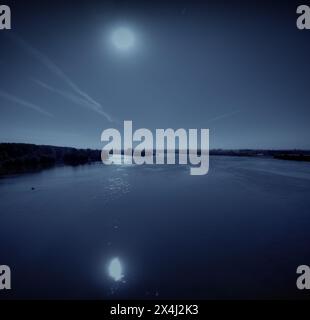 full moon night on the Saba river in northern Serbia Stock Photo