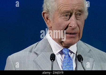 Britain's King Charles III speaks during an opening ceremony at the COP28 U.N. Climate Summit, Friday, Dec. 1, 2023, in Dubai, United Arab Emirates. Stock Photo