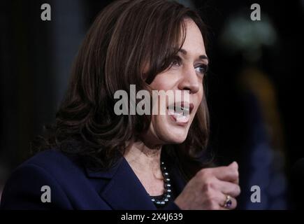 U.S. Vice President Kamala Harris speaks prior to President Joe Biden signing an executive order on federal construction project contract on February 4, 2022. Stock Photo