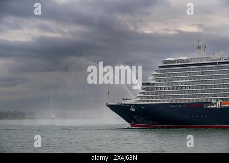 Cunard’s latest cruise ship - Queen Anne - arrives in the port of Southampton for the very first time. Stock Photo