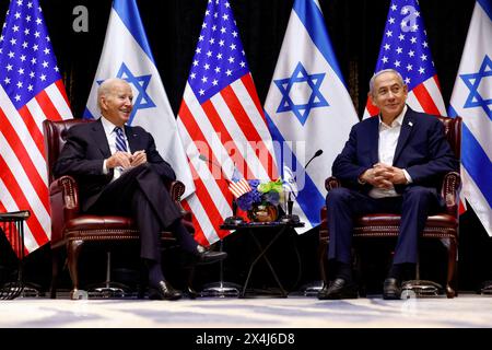 President Joe Biden and Israeli Prime Minister Benjamin Netanyahu participate in an bilateral meeting on October 18, 2023, in Tel Aviv, Israel. Stock Photo