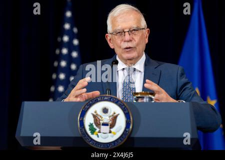 Josep Borrell Fontelles speaks during news conference with Secretary of State Antony Blinken at the State Department in Washington, February 7, 2022. Stock Photo