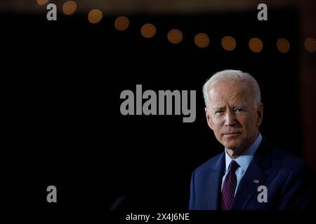 Former Vice President Joe Biden delivers remarks about White Nationalism during a campaign press conference on August 7, 2019 in Burlington, Iowa. Stock Photo