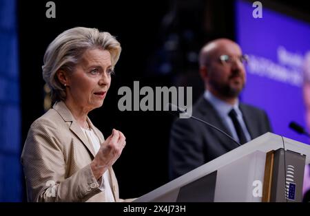 European Commission President Ursula von der Leyen attends a press conference on the day of a EU leaders summit in Brussels, Belgium on Oct 27, 2023. Stock Photo