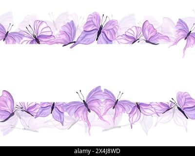 Fluttering pink butterflies of various shapes. Horizontal frame of abstract watercolor tropical insects. Hand drawn illustration for wedding card Stock Photo