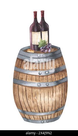 Bottles of red wine, wooden barrel and grapes. Clipart of a alcoholic drink. Beverage. Winery. Watercolor hand drawn illustration. Isolated on White b Stock Photo