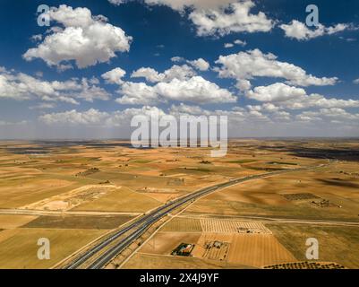 Aerial view of fields in La Mancha in summer near Manzanares (Ciudad Real, Castilla La Mancha, Spain) ESP: Vista aérea de campos en La Mancha, España Stock Photo