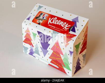 BEMIDJI, MN - 17 NOV 2020: Box of Kleenex paper disposable hand towels with Christmas trees.. Kleenex is an American Tissue and paper product company Stock Photo