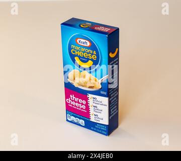 BEMIDJI, MN - 17 NOV 2020: Box of Kraft macaroni and cheese dinner with three cheeses and mini-shell pasta. Stock Photo