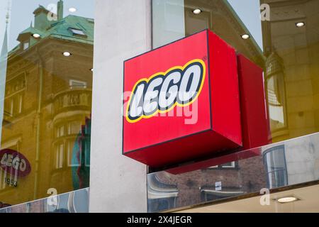 Copenhagen, Denmark - April 5, 2024: Lego brand shop in Copenhagen city center on main shopping street. Stock Photo
