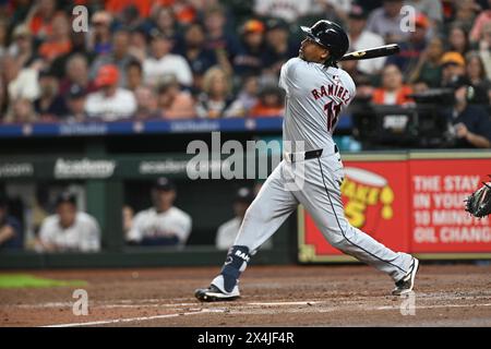 Cleveland Guardians third base José Ramírez (11) lines out to right in the top of the sixth inning during the MLB baseball game between the Cleveland Stock Photo