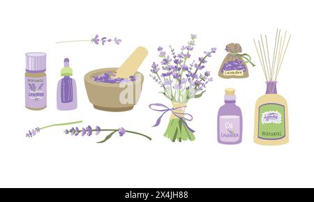 Essential lavender oils icons set. Collection Flowers of essential oils vector icons for web design isolated on white background. Flat Illustration an Stock Vector