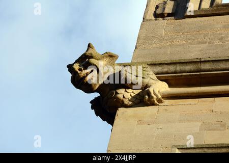 A 16th century demonic gargoyle architectural motif perched on the side of St. Georges Mansions, outside Jesus College, Oxford, United Kingdom. Stock Photo