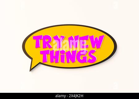 Try new things, cartoon speech bubble. Try new things, cartoon speech bubble. Colored online chat bubble, comic style. Opportunity, attempt, chance, m Stock Photo