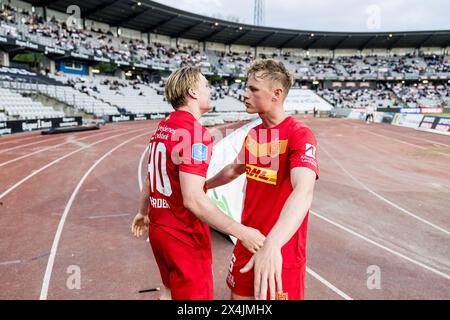 Aarhus, Denmark. 03rd May, 2024. Conrad Harder (40) of FC Nordsjaelland scores for 0-3 and celebrates with Jeppe Tverskov (6) during the 3F Superliga match between Aarhus GF and FC Nordsjaelland at Ceres Park in Aarhus. (Photo Credit: Gonzales Photo/Alamy Live News Stock Photo