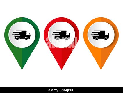 Fast moving shipping delivery truck art vector icon for transportation apps and websites.Set of map pin location icons. Stock Vector