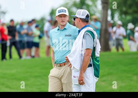 McKinney, TX, USA. 03rd May, 2024. Mackenzie Hughes talks with his caddie during the second round of THE CJ CUP Byron Nelson golf tournament at TPC Craig Ranch in McKinney, TX. Gray Siegel/CSM/Alamy Live News Stock Photo