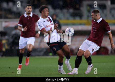 Turin, Italy. 3rd May, 2024. Adam Masina of Torino FC looks on as Dan Ndoye of Bologna FC challenges Karol Linetty of Torino FC during the Serie A match at Stadio Olimpico Grande Torino, Turin. Picture credit should read: Jonathan Moscrop/Sportimage Credit: Sportimage Ltd/Alamy Live News Stock Photo