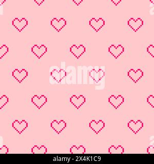 Pixelated hearts Seamless pattern, pink background. Stock Vector