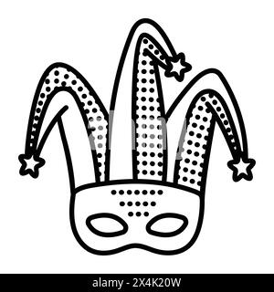 Jester masquerade mask with a hat, harlequin costume part, single vector black line icon Stock Vector