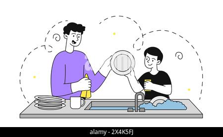 Family washing dishes vector simple Stock Vector