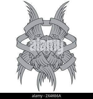 Vector design of Angel with six wings and ribbon, angelic face of the Catholic religion, winged archangel and surrounded with celestial scroll Stock Vector