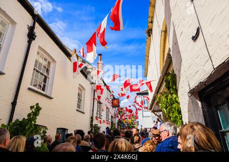 The Golden Lion, home of the red Old 'Oss in the 'Obby 'Oss festival, a traditional annual May Day folk event in Padstow, a coastal town in Cornwall Stock Photo